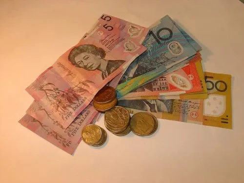 Image of Australian currency including $5, $10, $20, $50 notes and assorted coins